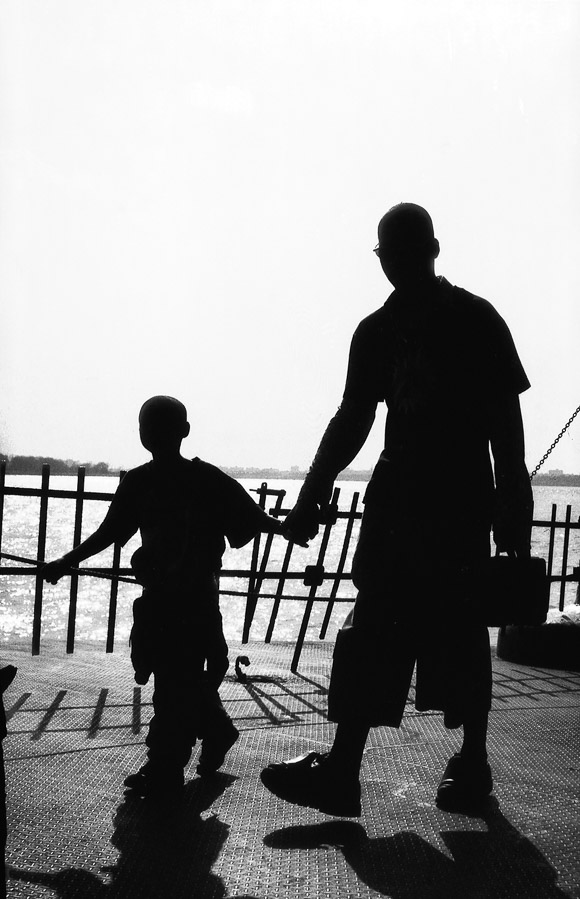 Man and Boy Staten Island ferryB&W 35mm Polaroid Film
